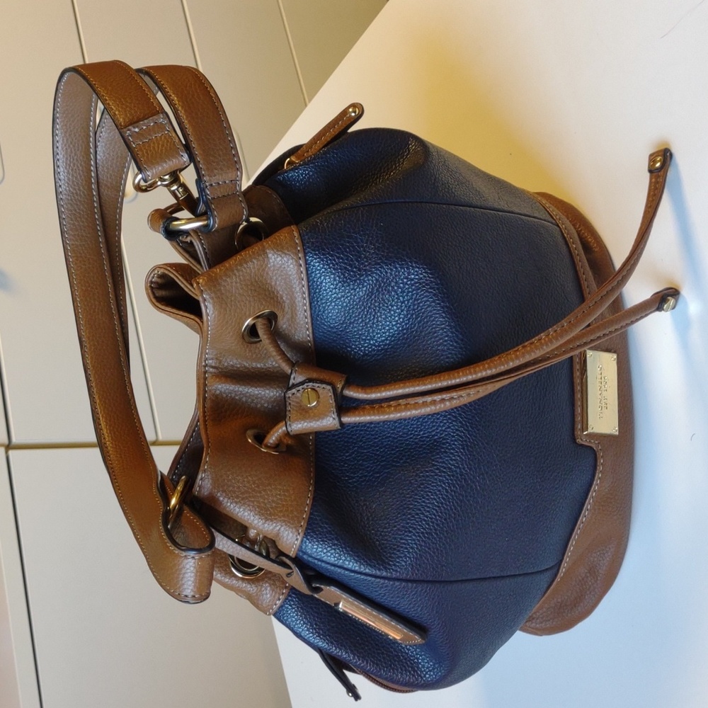 Tignanello Blue and Brown Pebble Leather Convertible Bucket Bag